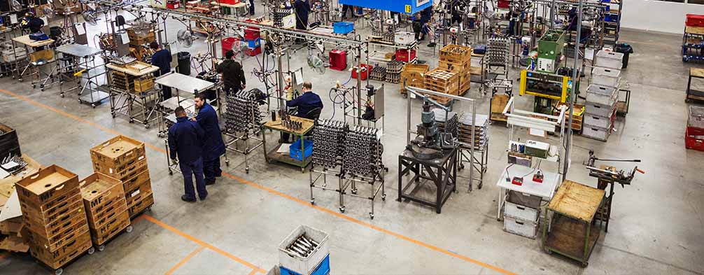 Drone filming inside a factory shopfloor